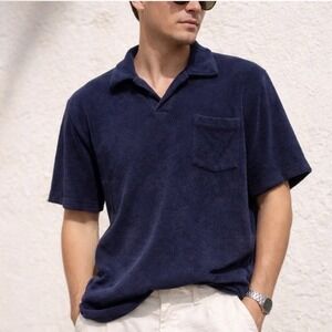 Criquet Mens Terry Cloth Men Large Johnny Collar Navy Coastal Grandpa Polo Shirt